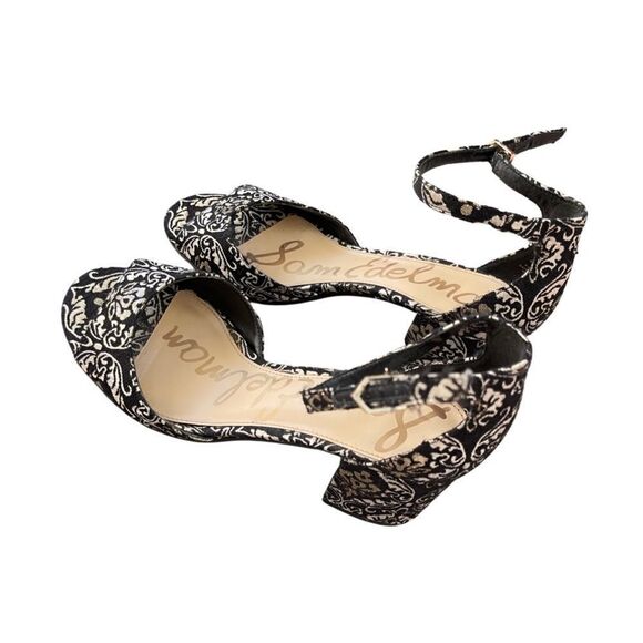 Sam Edelman Susie Black Metallic Jacquard Pattern Ankle Strap Heels Size 10 - Picture 3 of 7